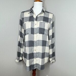 C&C CALIFORNIA Flannel Button‎ Up Shirt MED Buffalo Plaid Gray Cream Soft EUC